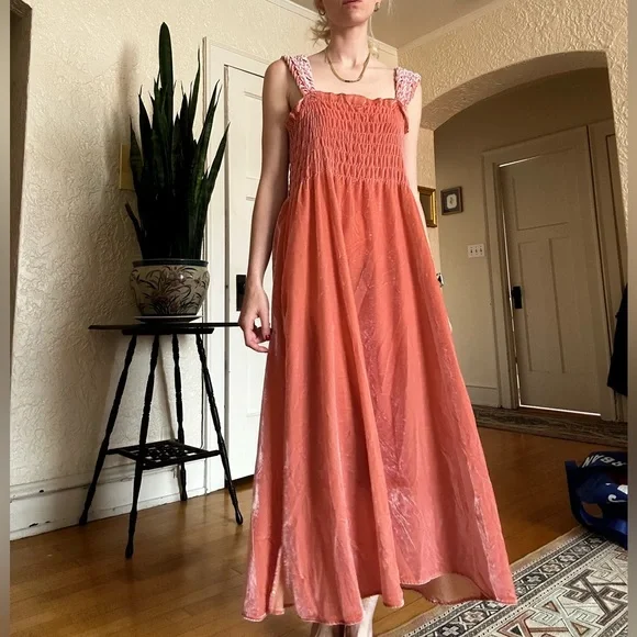 Free People Orange Smocked Buttoned Maxi Sundress - Picture 1 of 4